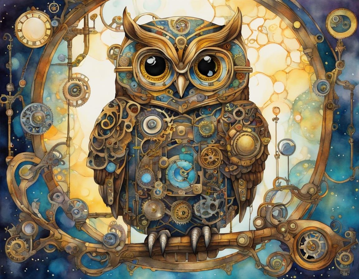 Steampunk Owl Amidst Whimsical Gears and Orbs