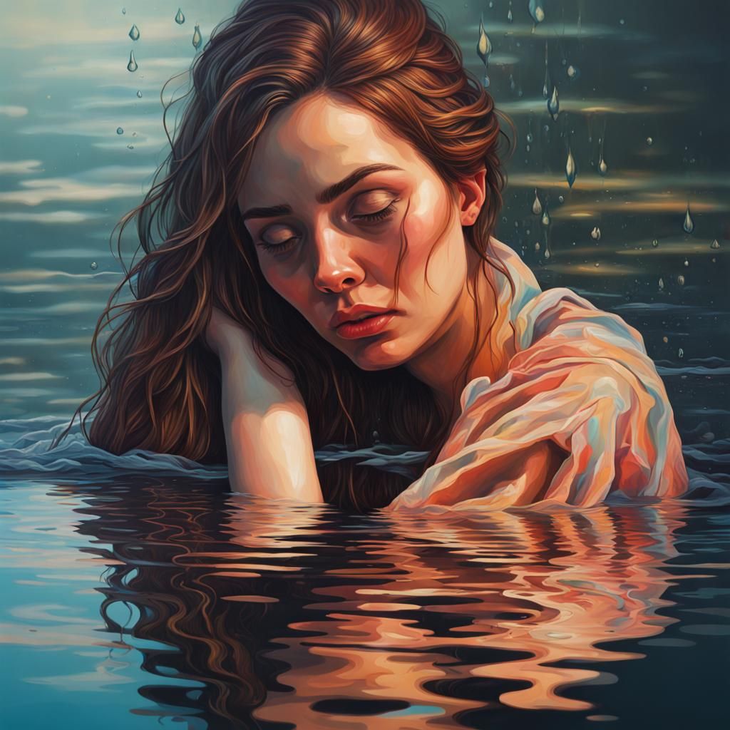 Sad Woman Reflects in Water: Hyperrealistic Splash Art