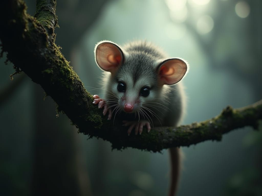 Startled Possum in Swirling Mist, Cinematic Lighting