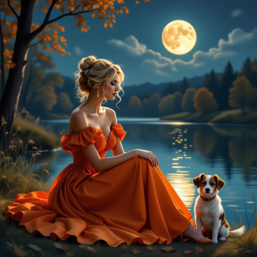 Woman and Dog by Moonlit Pond in Autumn