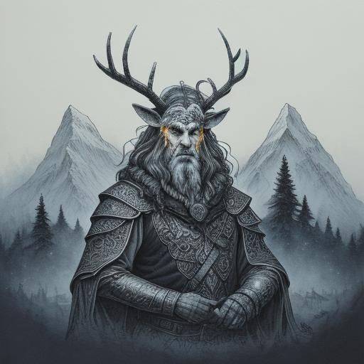 Fantasy Giant Guides Knight, Ink Illustration