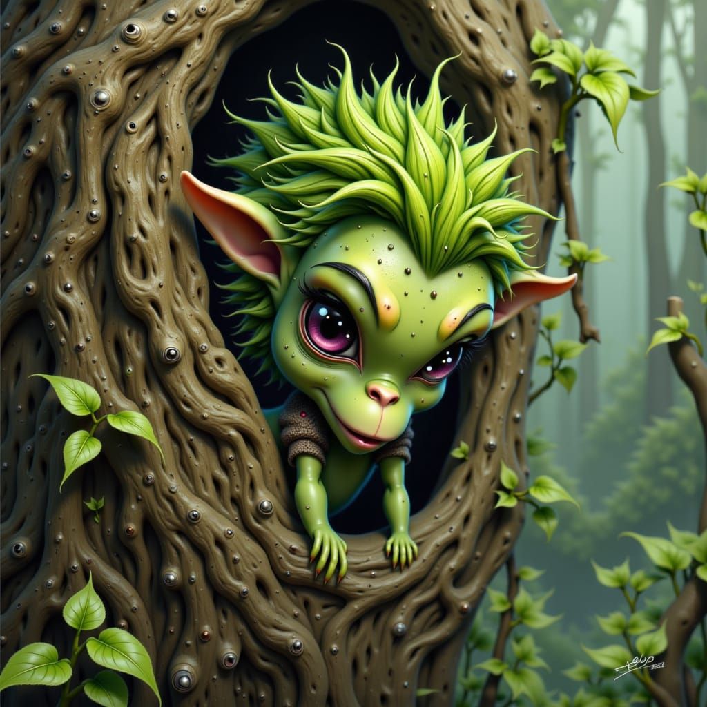 Elfin Creature with Iridescent Skin in Ethereal Landscape