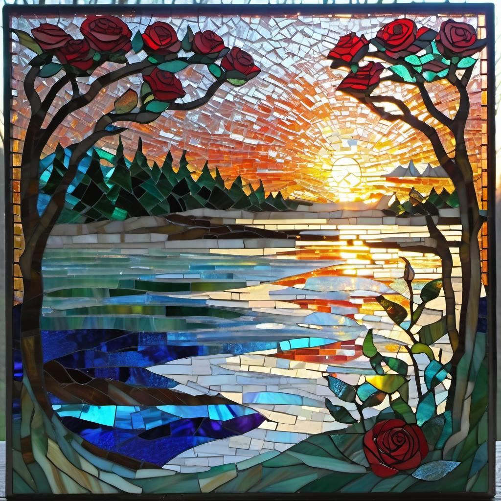 Stained Glass Mosaic, sunrise, river, ethereal, woman, fores...