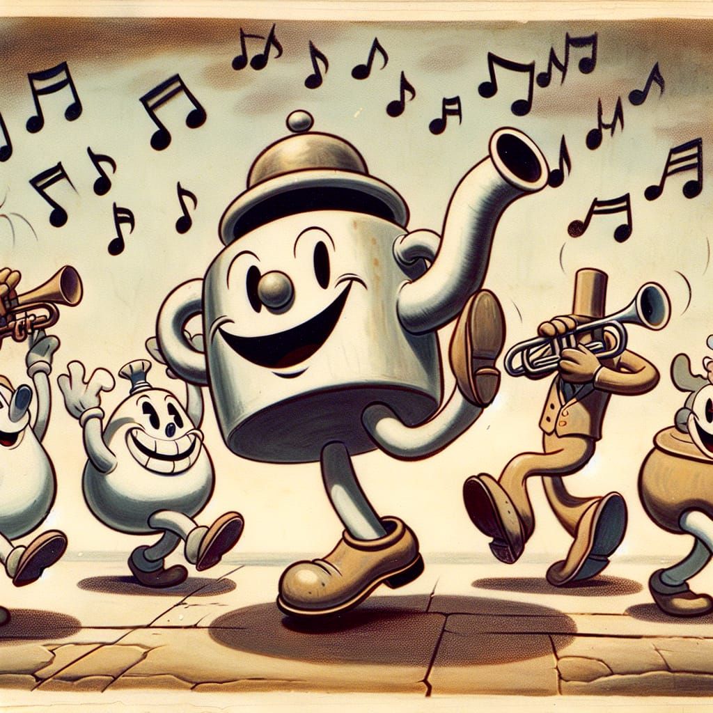 Vintage Cartoon Parade with Anthropomorphic Objects