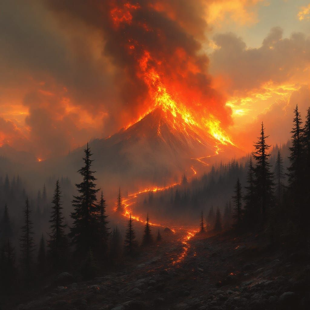Raging Wildfire in Pine Forest with Fiery Sky