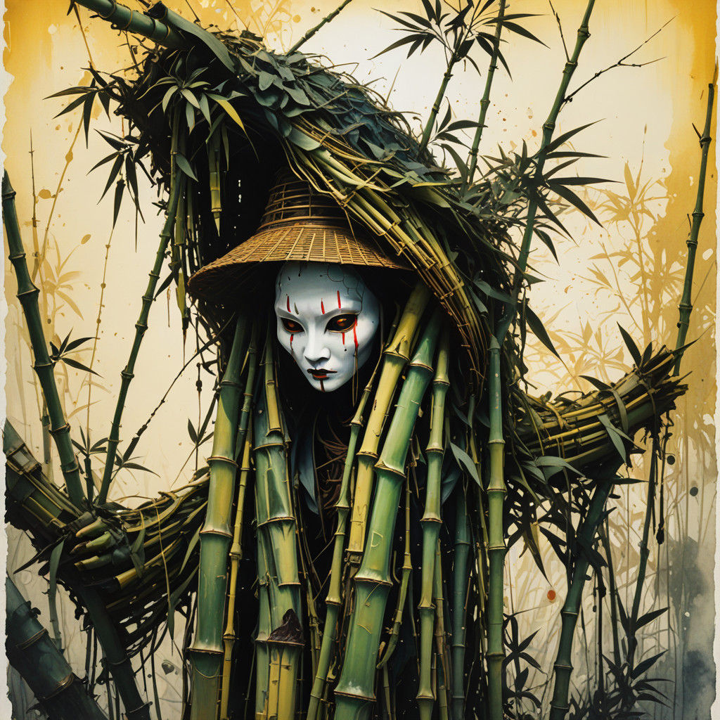 Surreal Golden Bamboo Goddess in a Whimsical Dreamcatcher La...