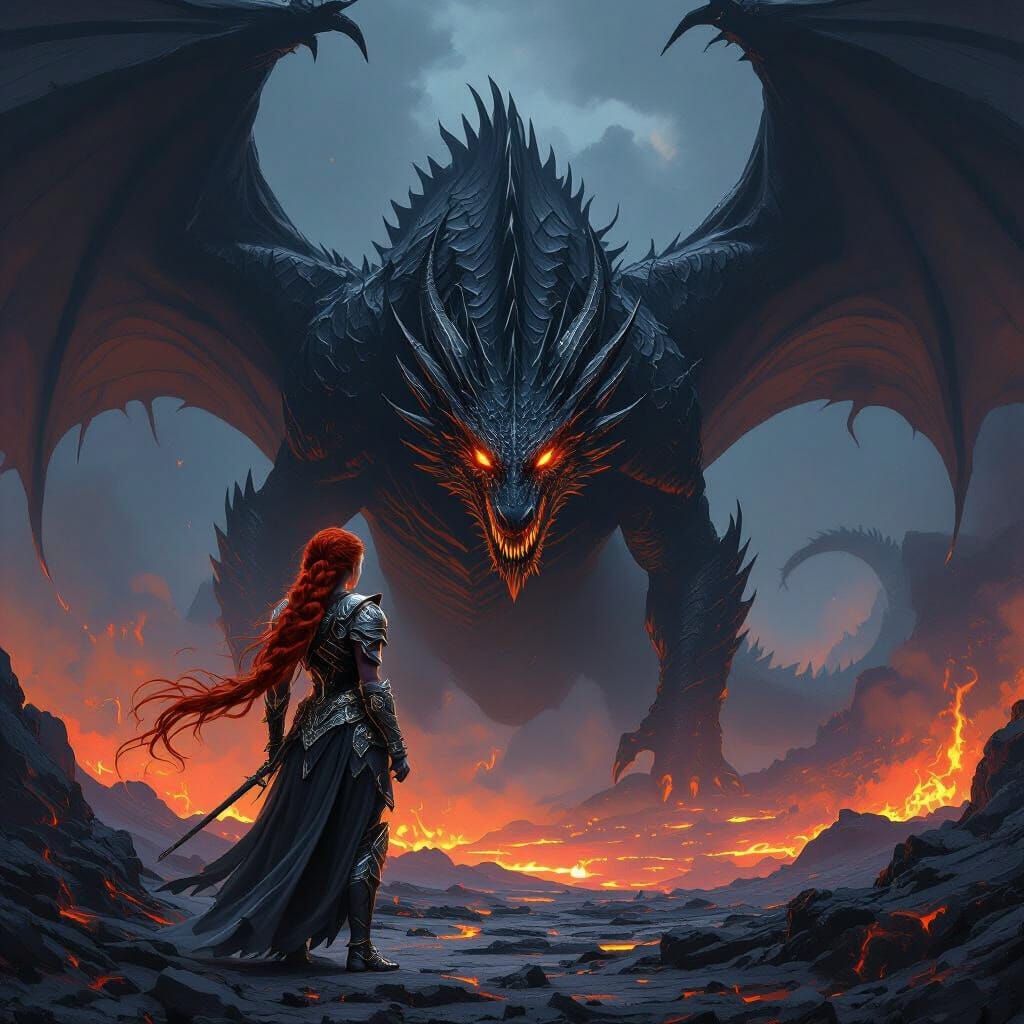 Female Warrior Faces Obsidian Dragon in Volcanic Landscape