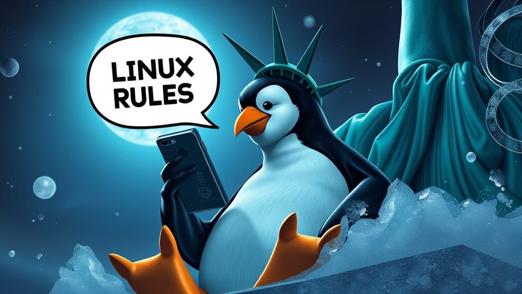 Cyberpunk Penguin in Statue of Liberty Splendor