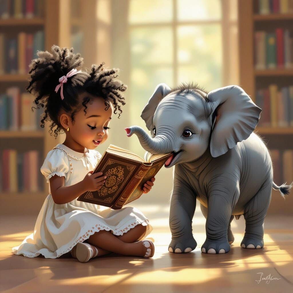 Girl and Elephant in Sunlit Library - Acrylic Painting