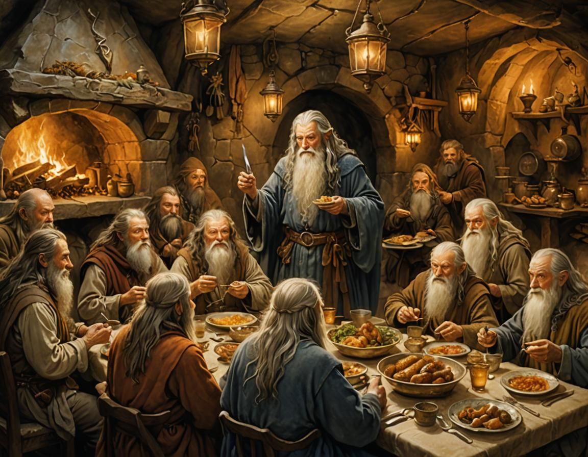 Gandalf's Cozy Feast with Dwarves: Fantasy Illustration