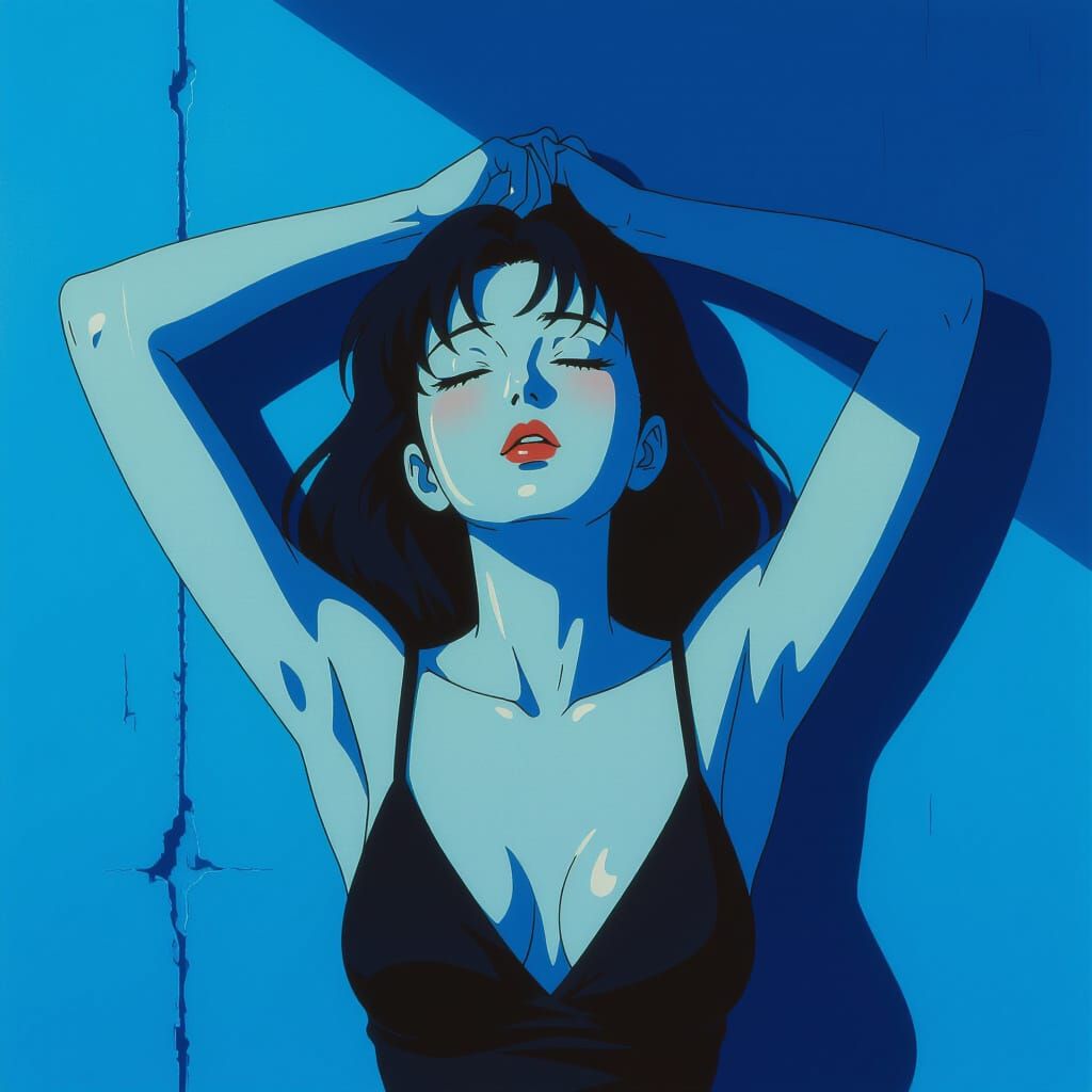 Retro Anime Portrait of Woman in Blue Light
