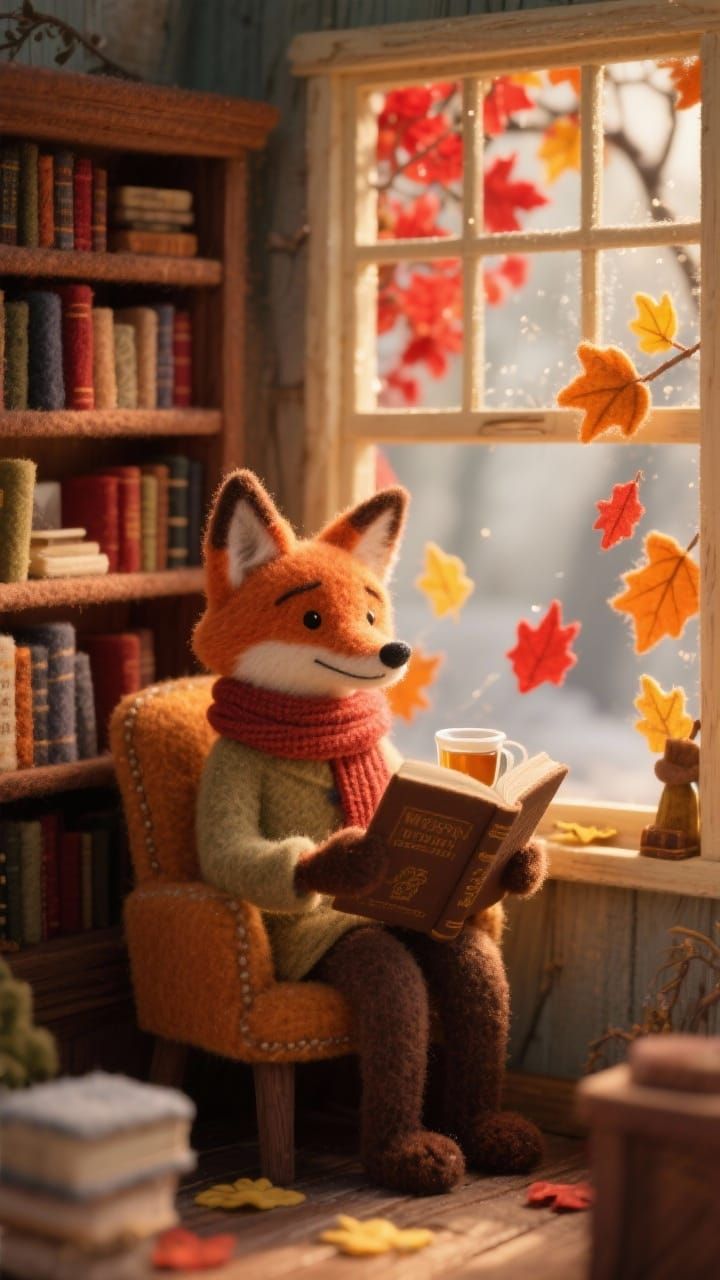 Miniature Felt Library with Fox Librarian in Golden Light