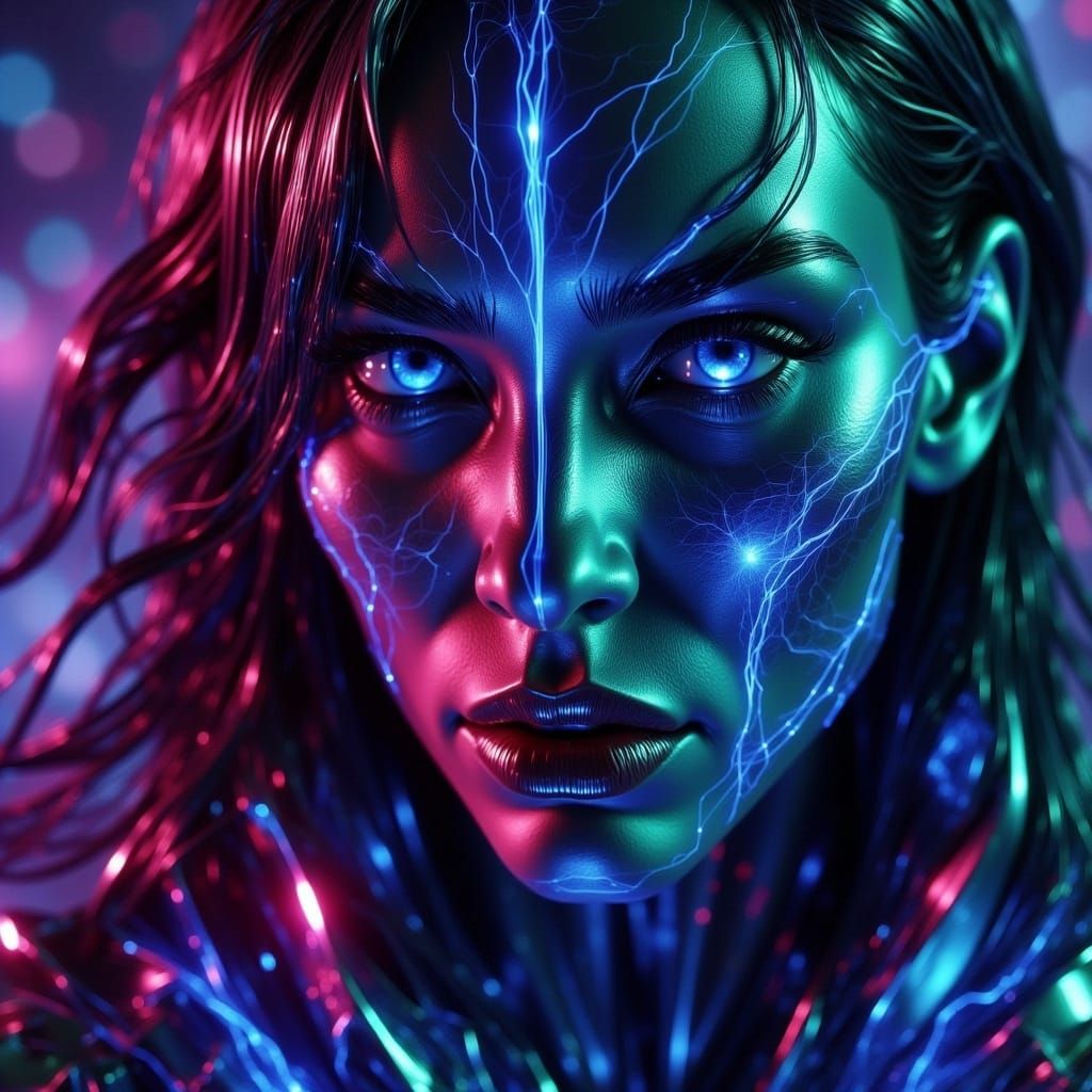 Cybernetic Woman with Electric Veins and Metallic Accents