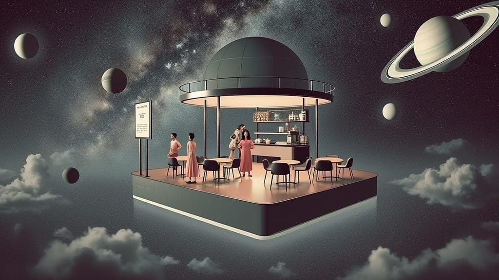 Floating Café in Space with Minimalist Characters