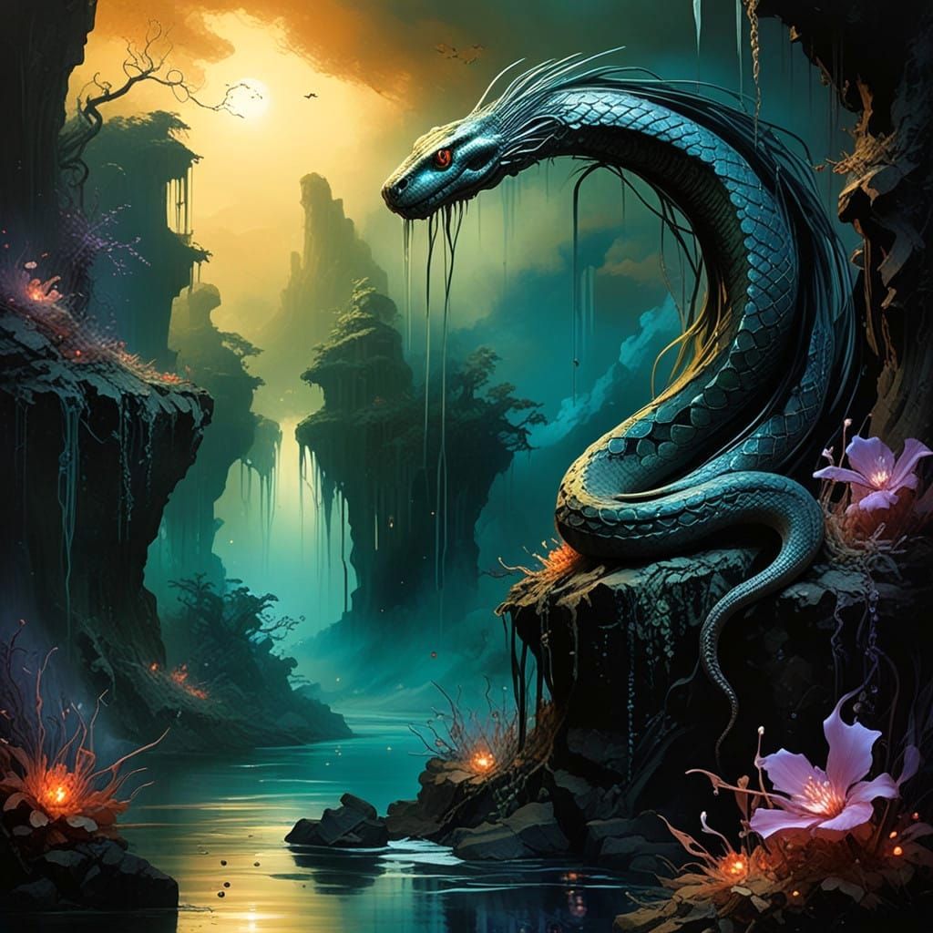 Surreal Twilight Snake Cascade in Vibrant Impasto