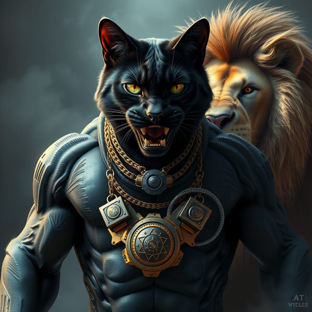 Steampunk Cat Meets Lion: Cyberpunk Authority