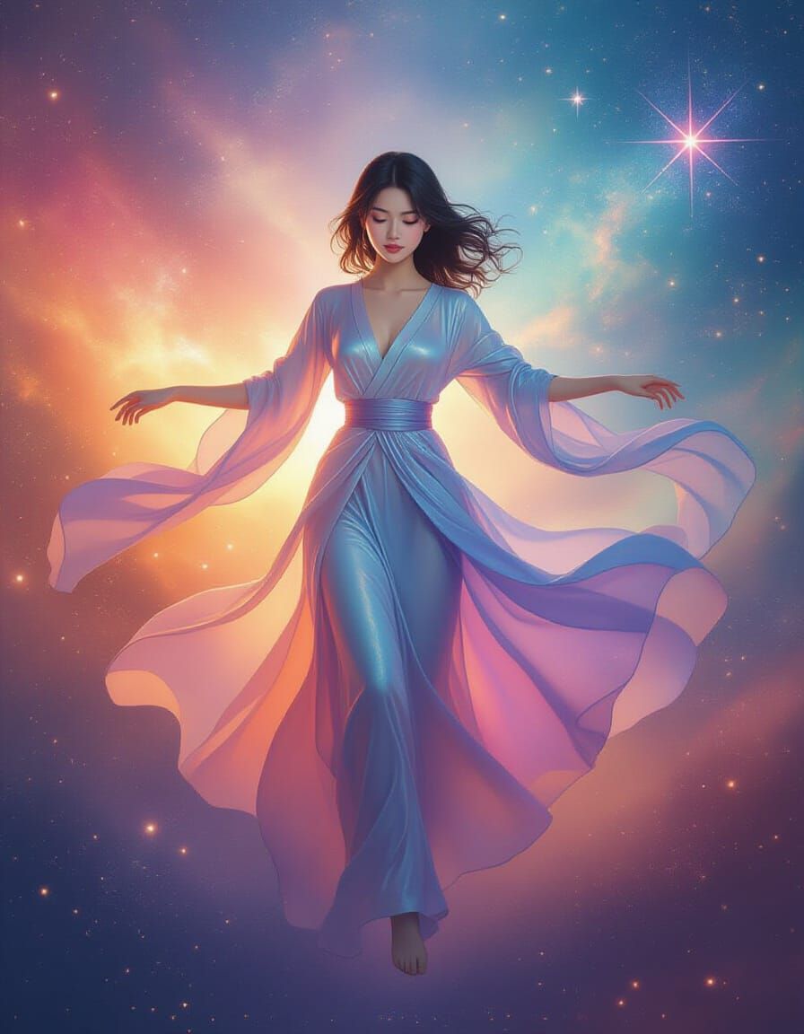 Dreamy Asian Woman Dancing in Nebula, Digital Painting