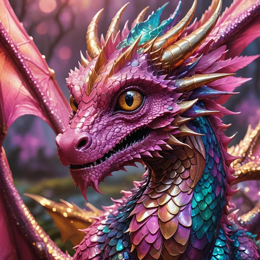 Pink Dragon with Luminous Eyes in Fantasy Scene
