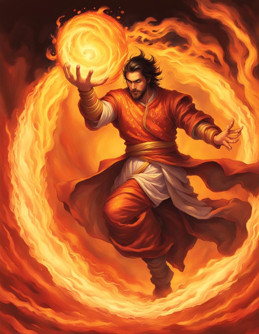 Fiery Mage Unleashes Fireball in Digital Art