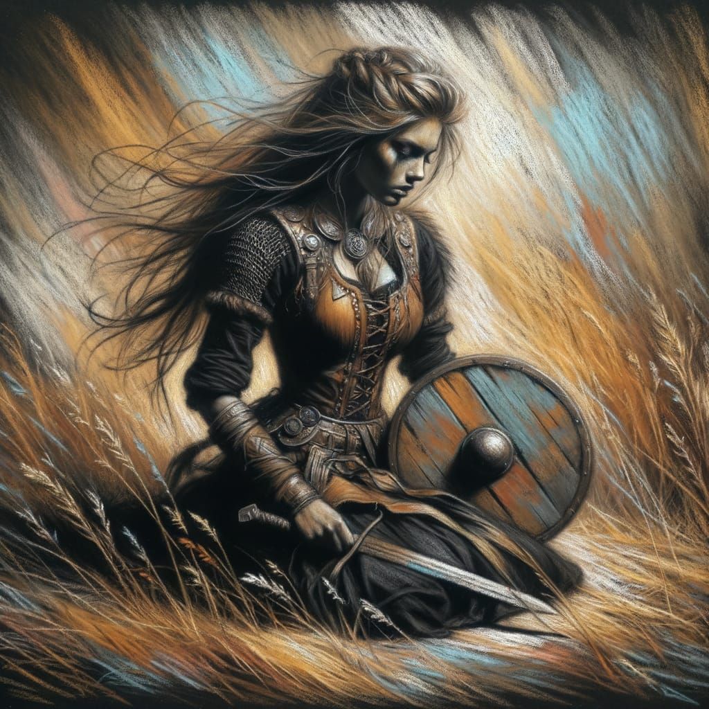 Nordic Goddess in Regal Attire with Shield