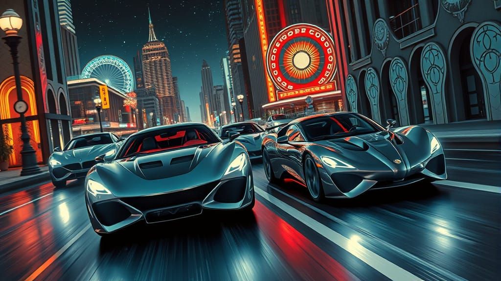 Futuristic Metallic Cars Speeding Through Cyberpunk Cityscap...