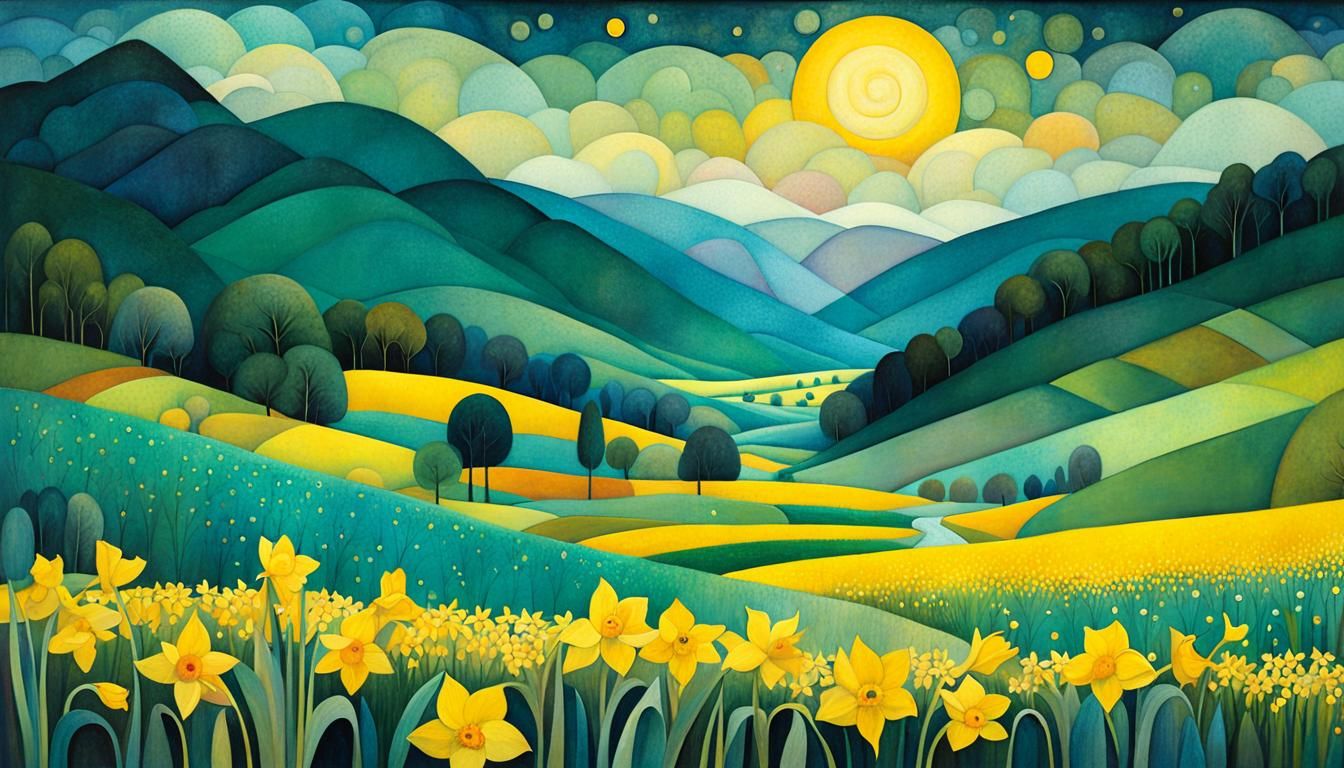 Daffodil Valley After Rain in Surrealist Style