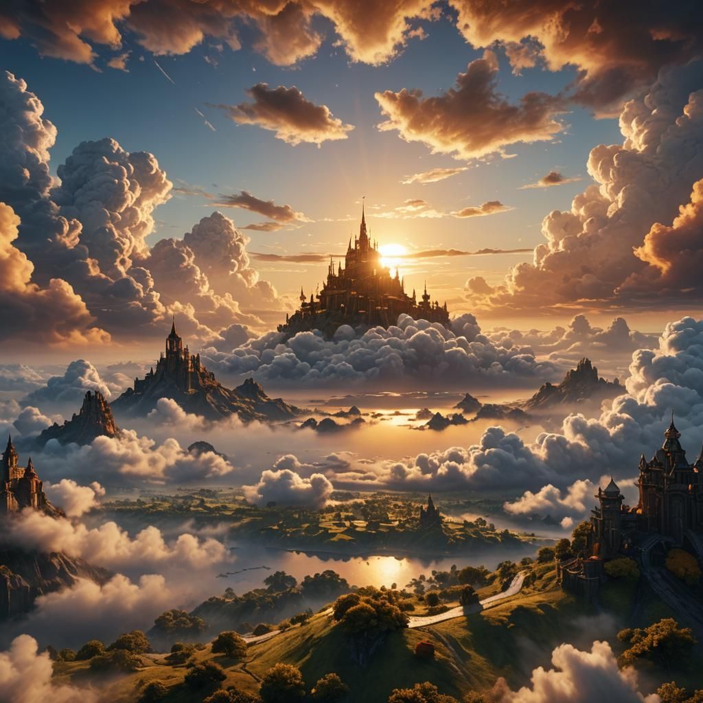 Golden Sunrise Clouds: Detailed Fantasy Concept Art
