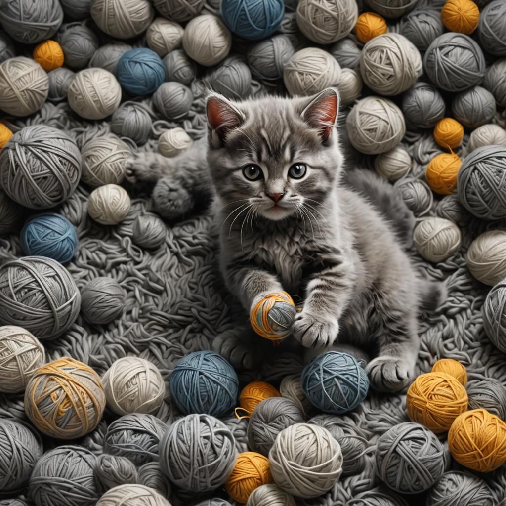 Fluffy Gray Kittens Play with Yarn: Photorealistic