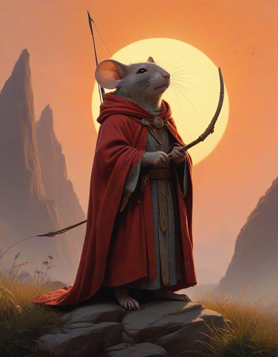 Warrior Priest Mouse in Sunset Landscape