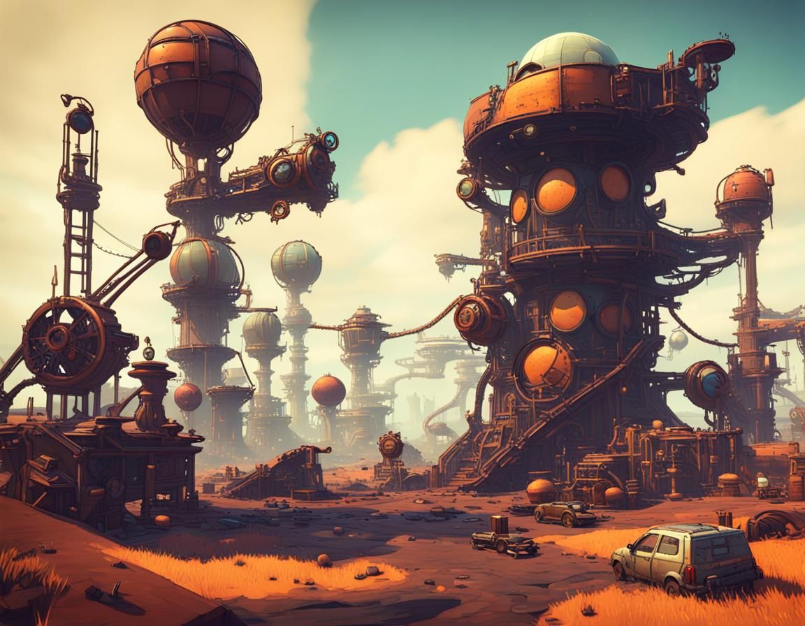 Steampunk Junkyard Biome in 'No Man's Sky' Style