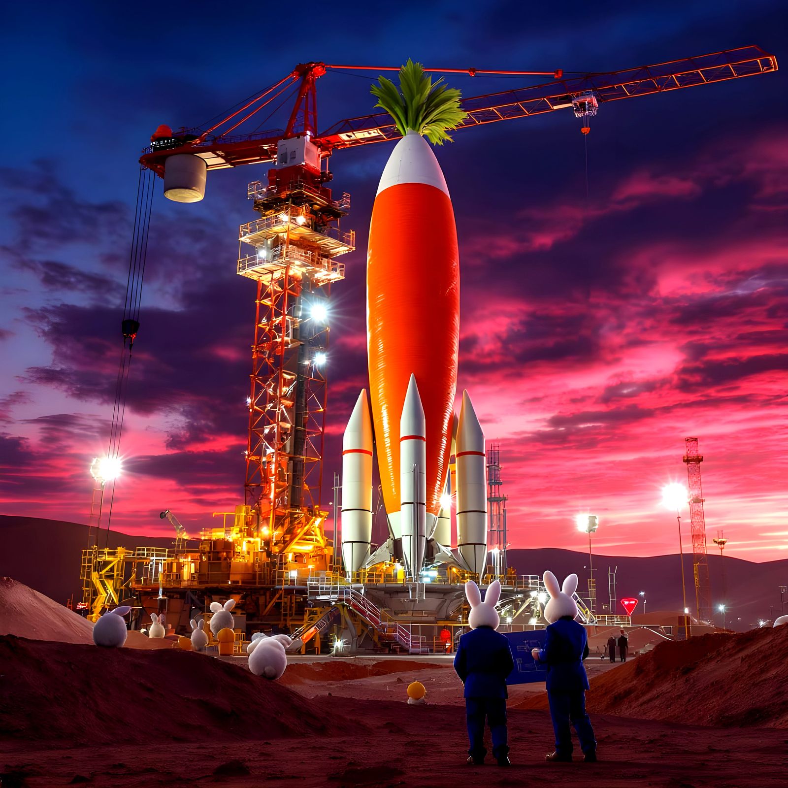 Giant Carrot Rocket Construction on Mars at Dusk
