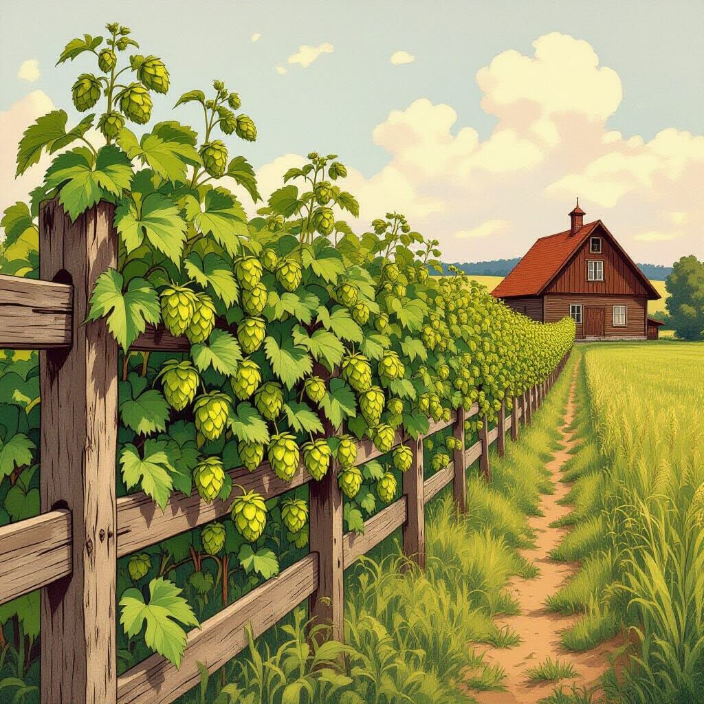 Art Nouveau Farm Scene With Ripe Hops Growing on Fence