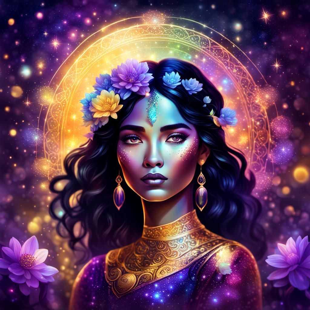 Luminescent Woman with Rainbows and Flowers