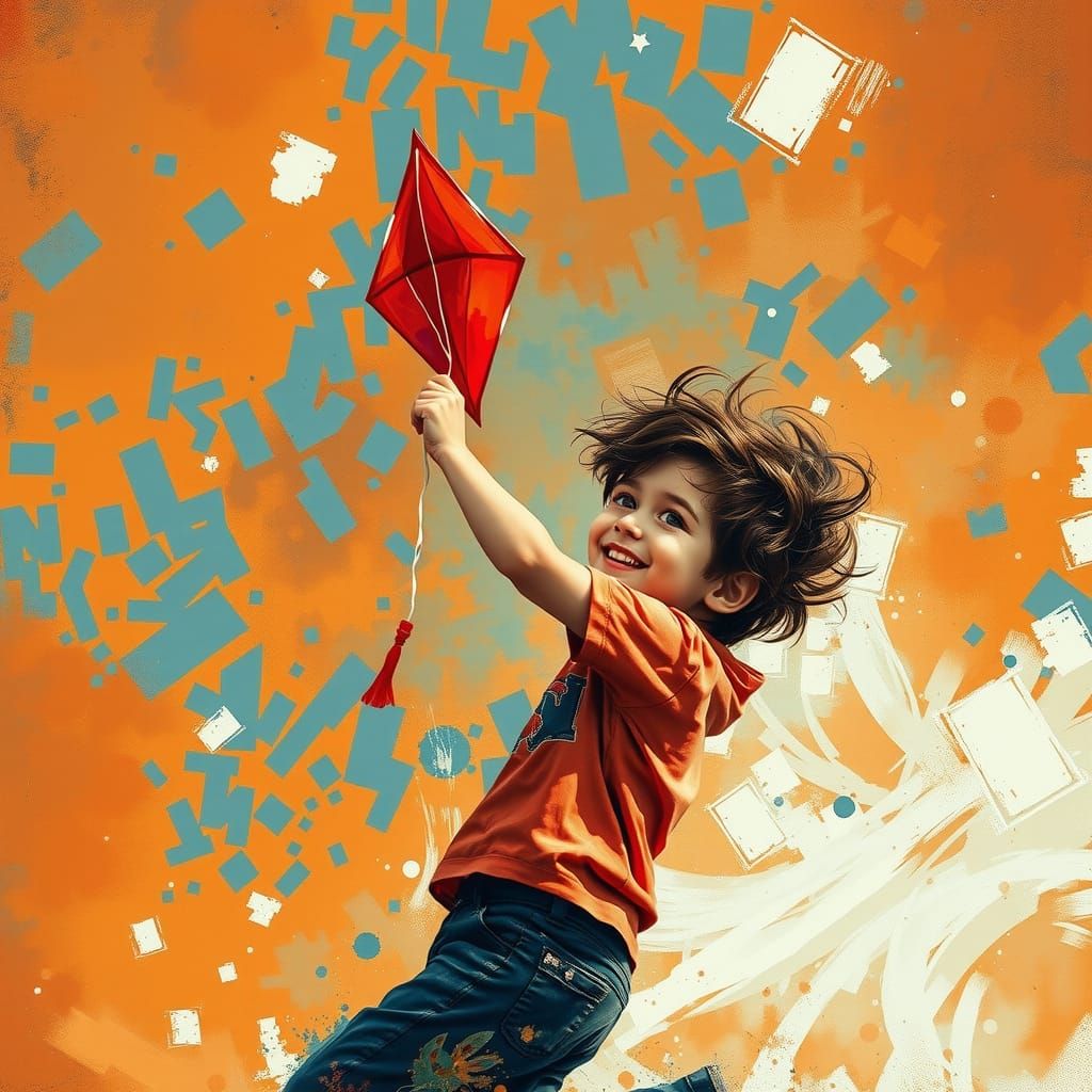 Boy Embracing Wind with Crimson Kite in Abstract Expressioni...