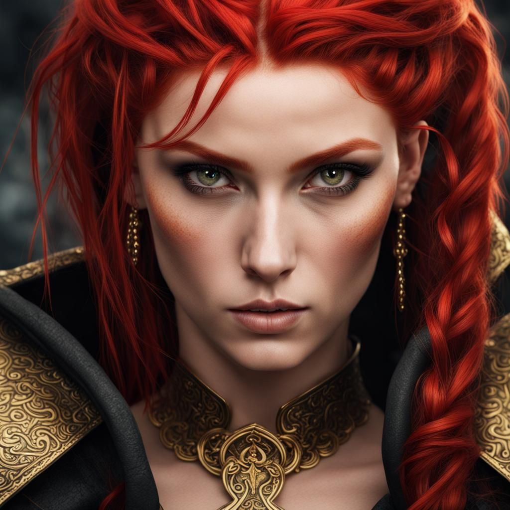 Red-Haired Woman with Viking Style and Gold Eyes