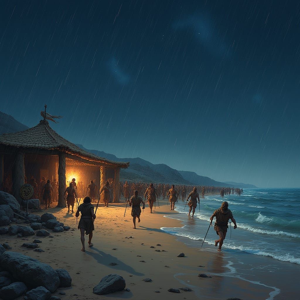 Ancient Greek Warriors Flee Under Starry Night Sky