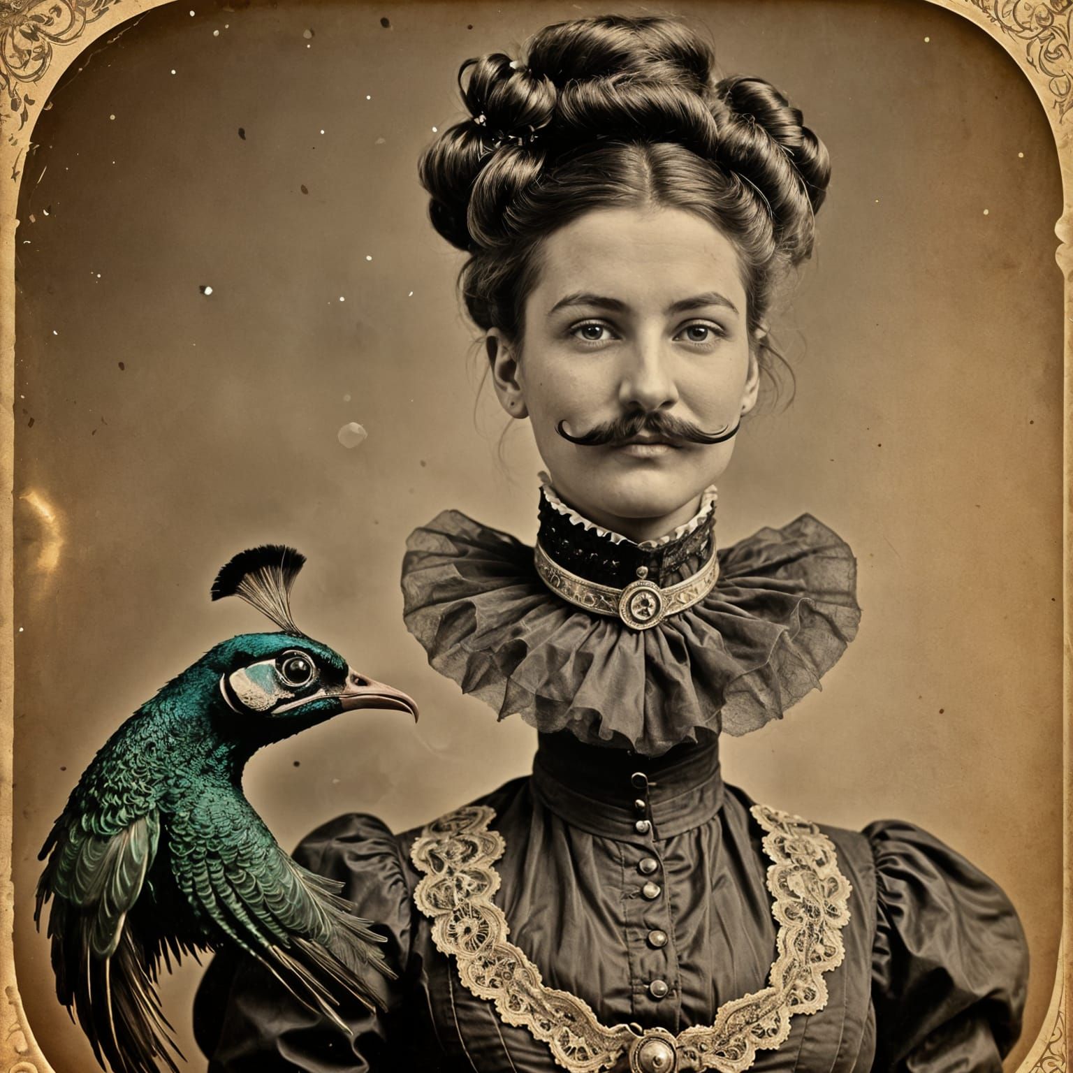 Victorian Goth Woman with Peacock, Steampunk Portrait