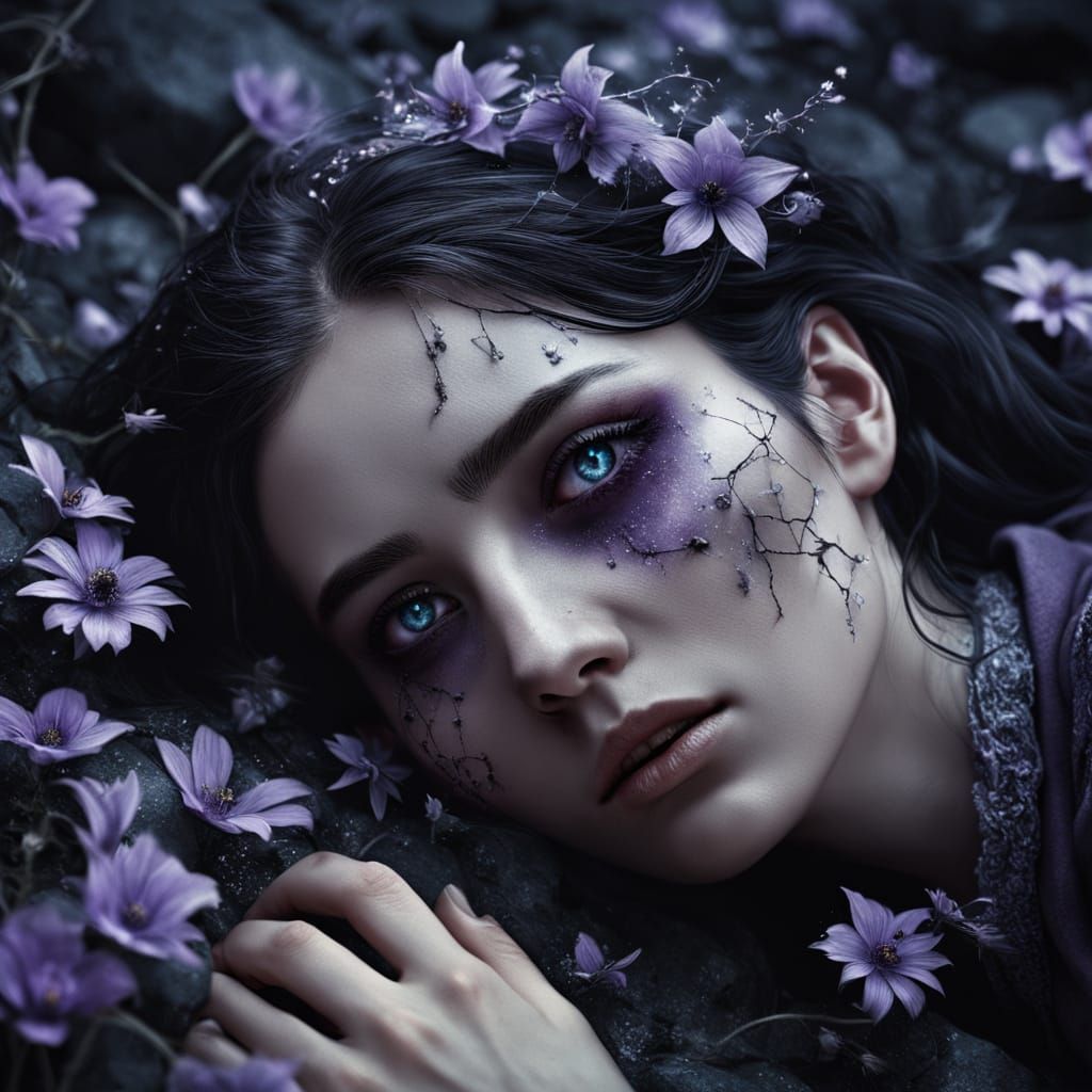 Gothic Portrait of Girl Among Dying Flowers as Digital Art