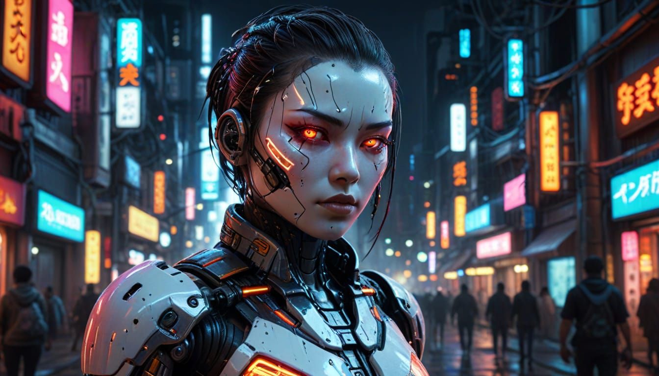 Cyberpunk Cyborg in Neon Cityscape