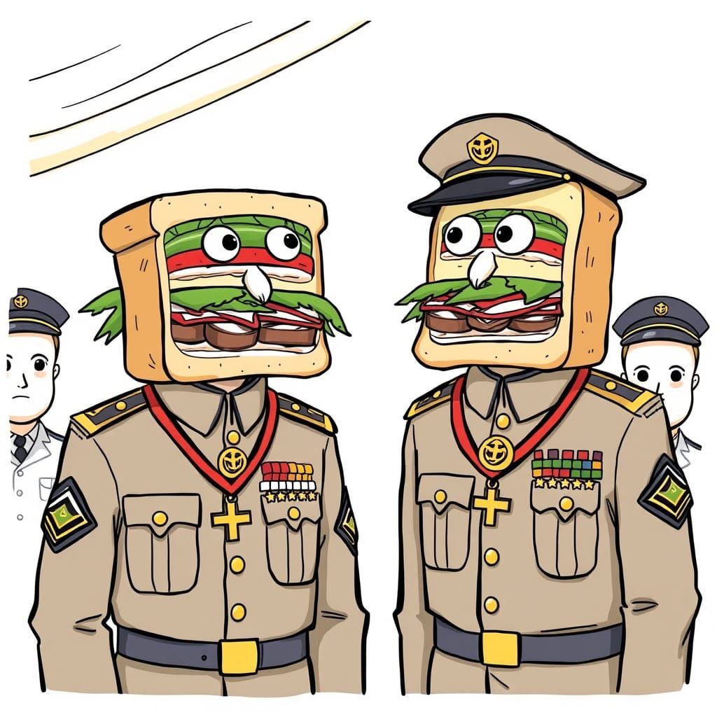 Comedic Military Officers Celebrate with Humorous Sandwich H...