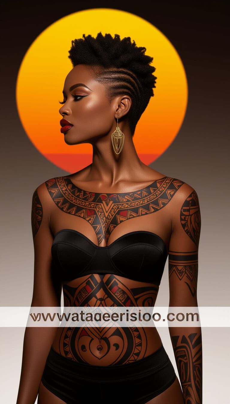Regal Black Woman with Tribal Tattoos in Sunset