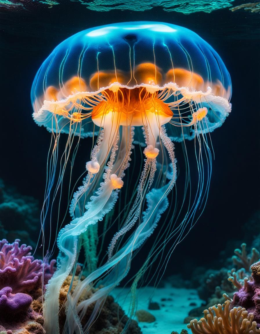 Bioluminescent Jellyfish in Underwater Paradise: Photorealis...