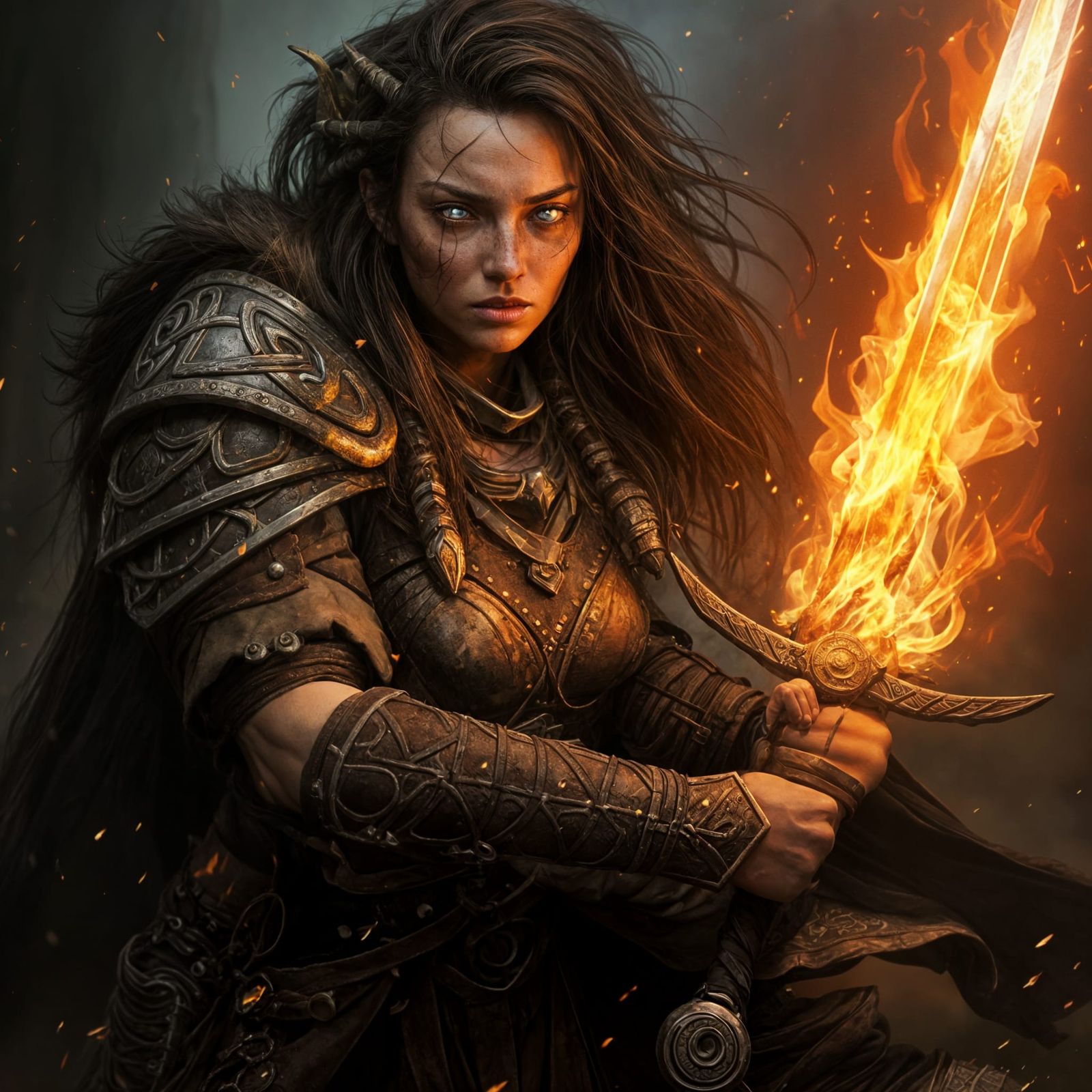 Druidess Wields Flaming Sword in Battle