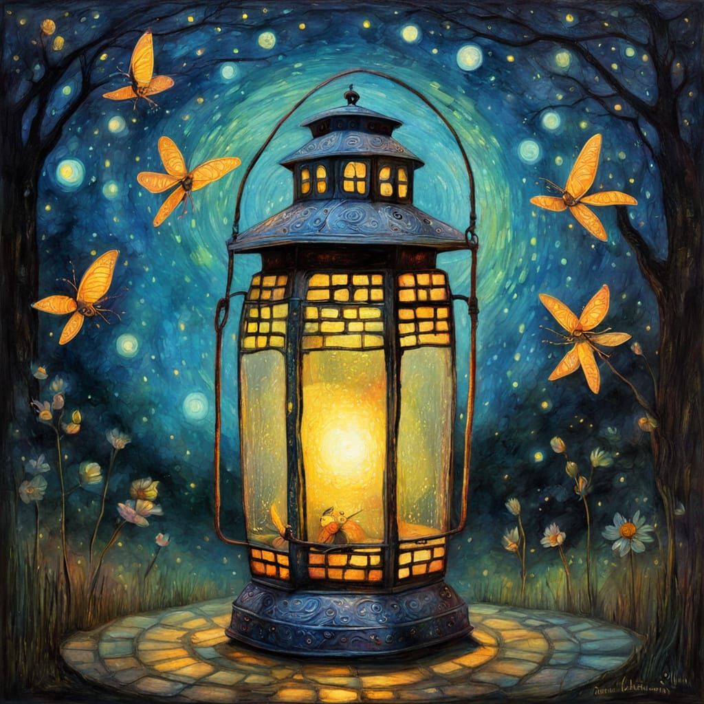 Firefly in Vintage Lantern, Textured Naive Painting