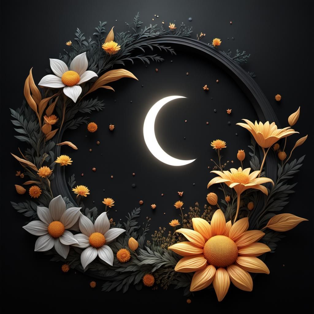 Abstract Sun Moon Shape with Flowers, Digital Art