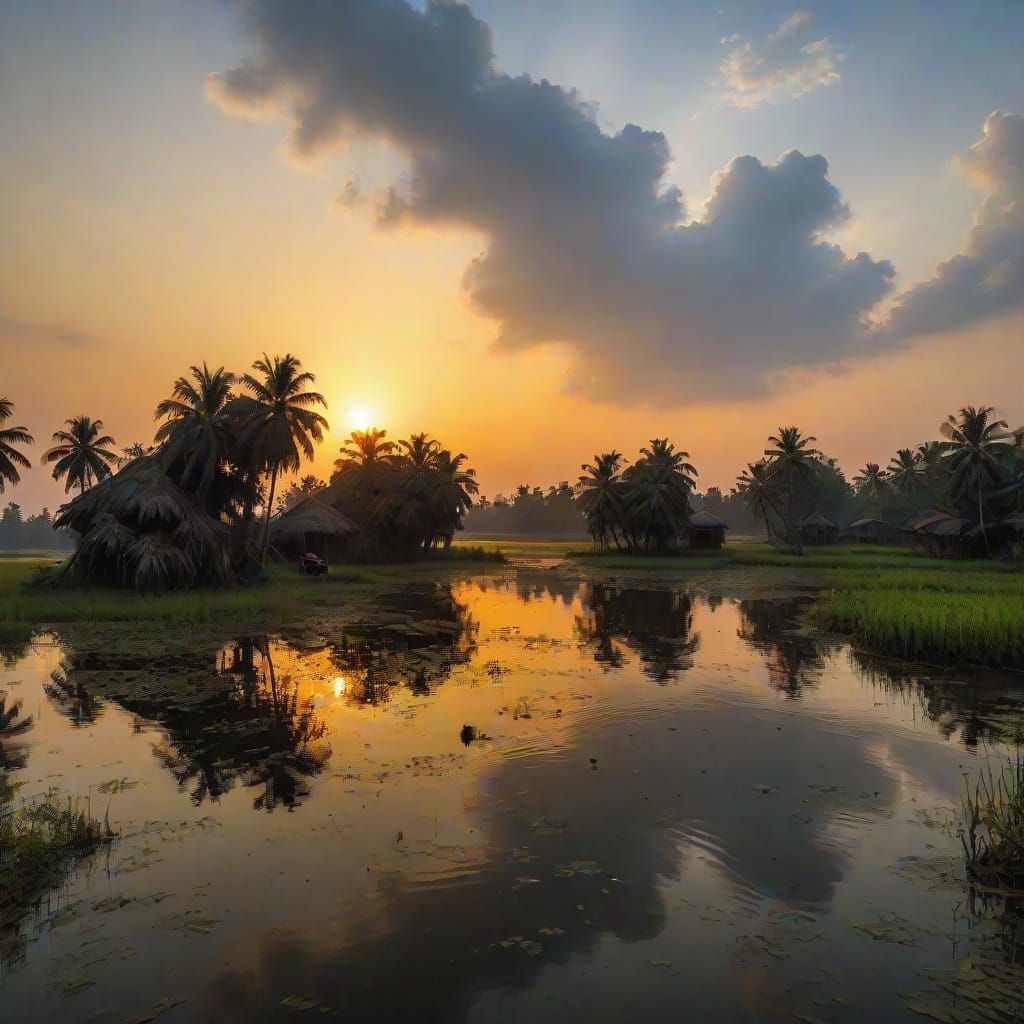 Mysterious Sunset Over Tranquil Swamp Backwaters
