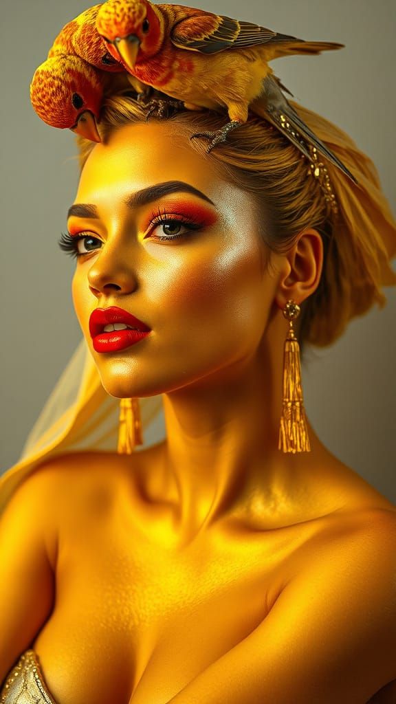 Pop Surrealist Pin-Up Muse with Birds on Head