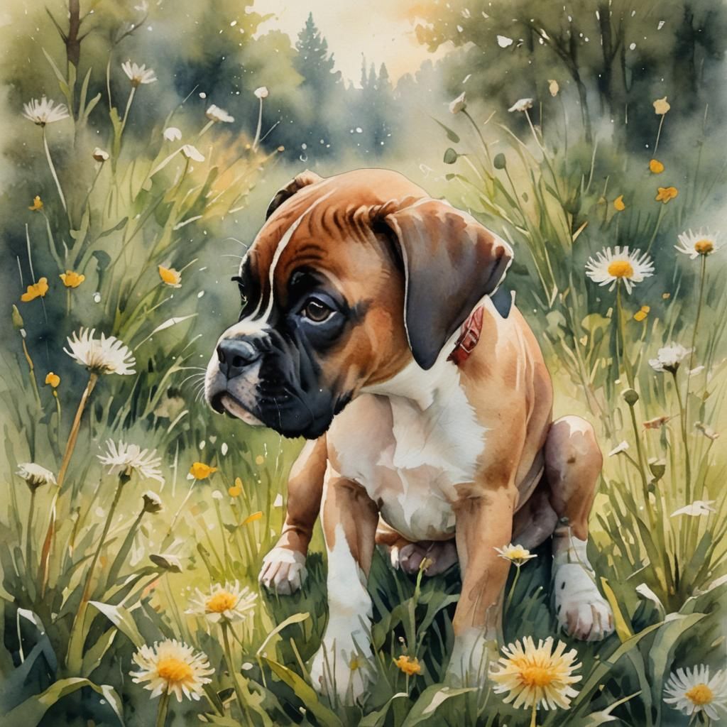 Whimsical Watercolor Boxer Puppy in a Sunlit Meadow