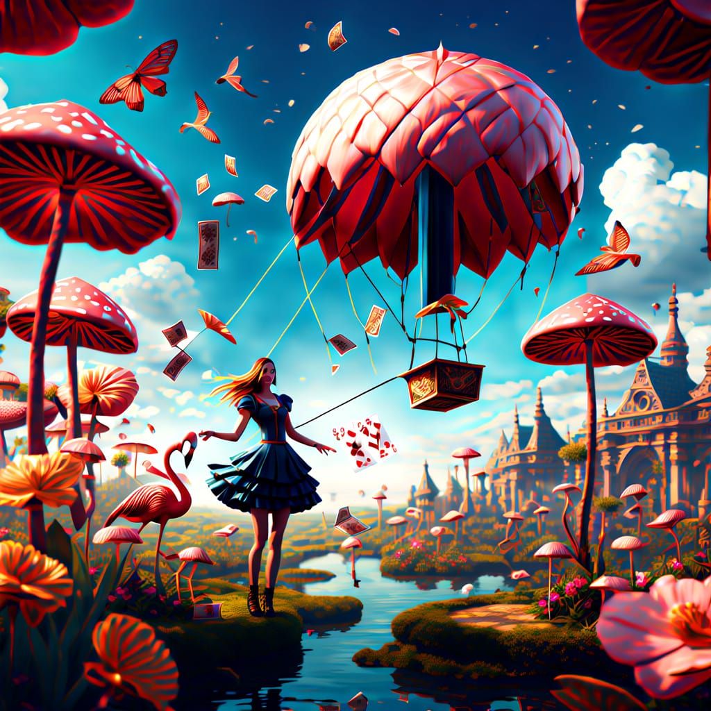 Girl Flies Flamingo Kite in Wonderland with Card Sky