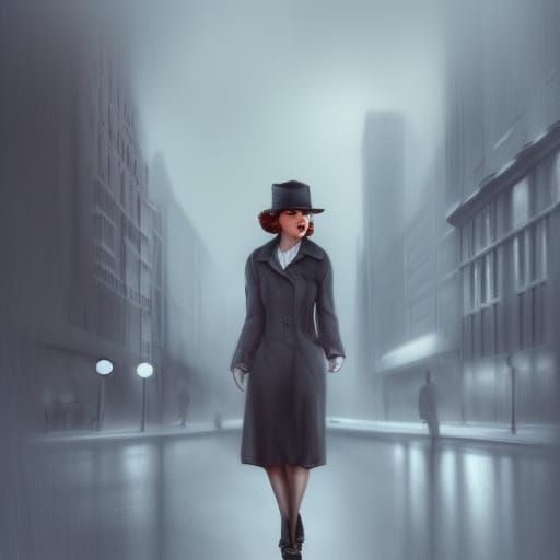 Film Noir Detective in Foggy City Street